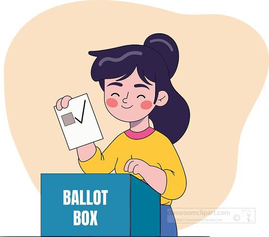 happy woman voting depicted with a ballot box and a checked ball
