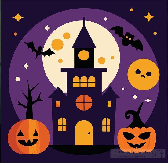 haunted castle with a spooky bat and pumpkin under a glowing moo