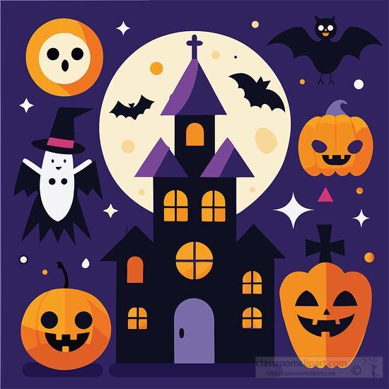 haunted house with glowing pumpkins and flying bats in a Halloween