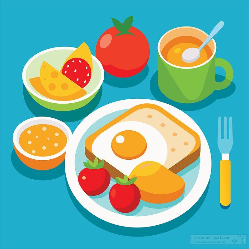 healthy breakfast fried egg toast fruits and drink