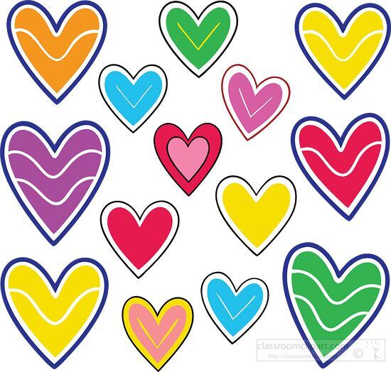 Hearts in bright colors with a fun and playful wavy design