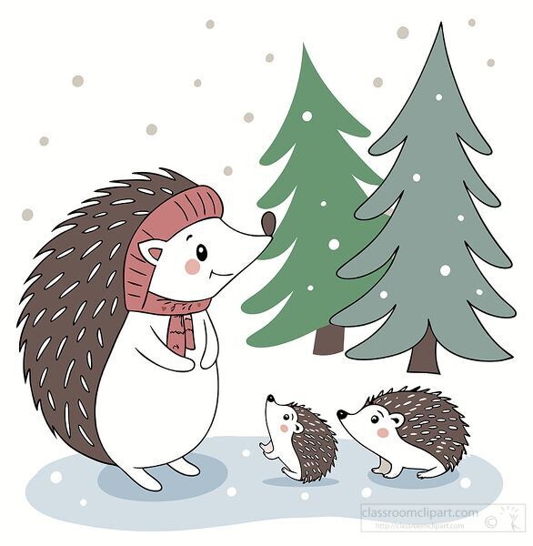 hedgehog family with a parent and two babies in a snowy forest