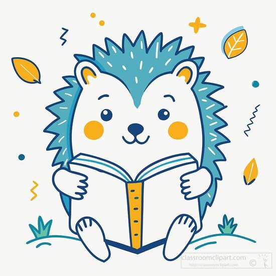 hedgehog reading a school book clipart