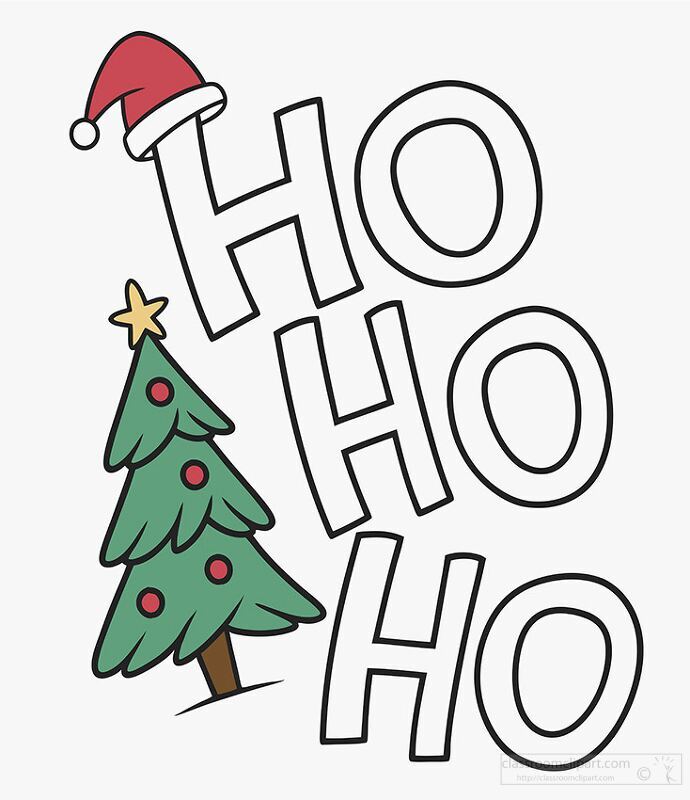 Ho Ho Ho text design with a Christmas tree and Santa hat