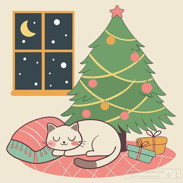 holiday scene featuring a cat sleeping under the Christmas tree