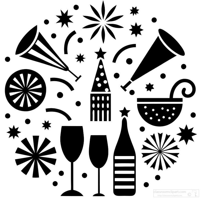 Icon set featuring hats fireworks and champagne for New Year