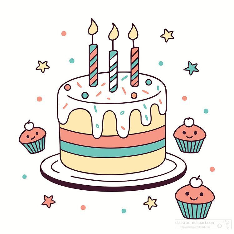 illustration of a birthday cake topped with three lit candles