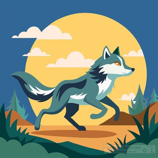 illustration of a gray wolf running under a warm sun copy