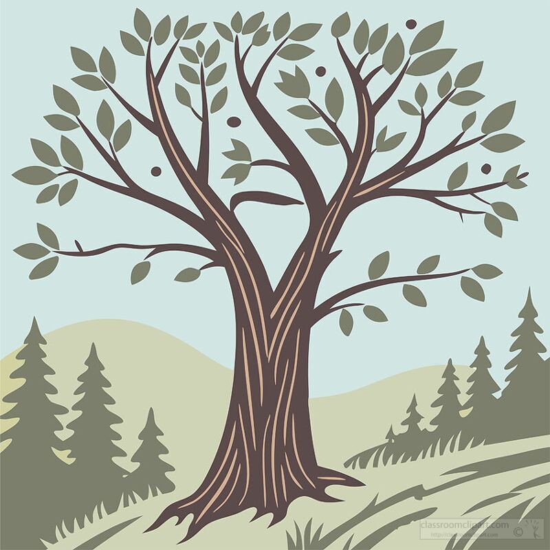 illustration of a tree with spreading branches and a natural forest