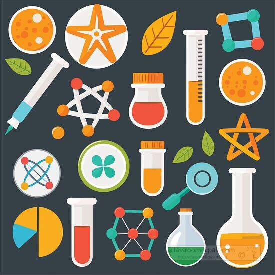 illustration of various science lab equipmen and molecular model