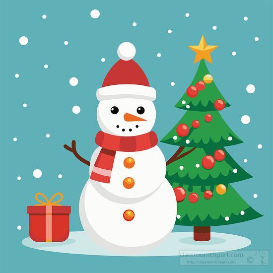 joyful snowman and a Christmas tree filled with ornaments