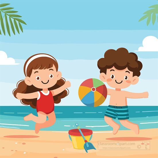 kids enjoying summer fun at the beach with beachball clipart