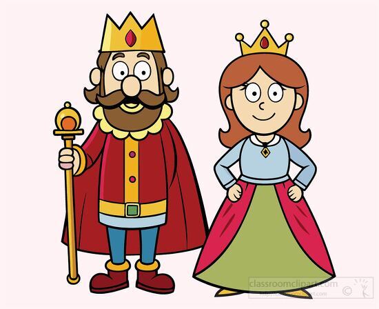 king holding a scepter and the queen smiling cartoon style