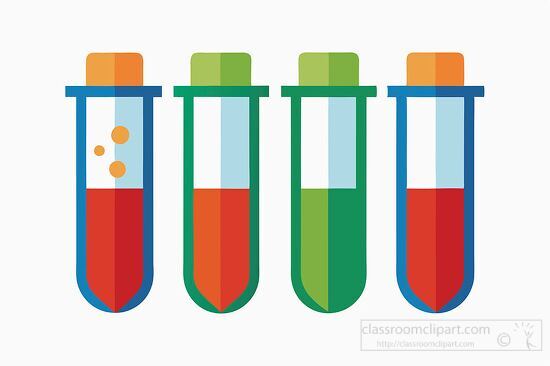 laboratory test tubes containing red green yellow and blue liqui