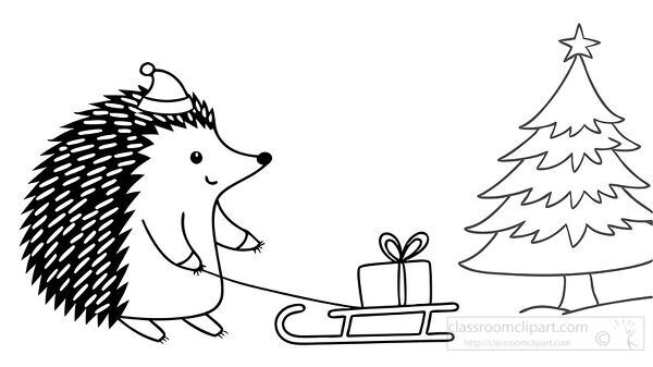 line drawing of a hedgehog pulling a sled with a gift