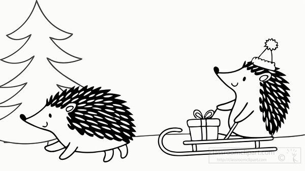 Line drawing of two hedgehogs with one pulling a sled