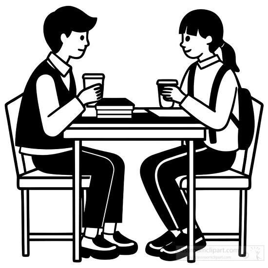 line drawing of two students having a conversation at lunch