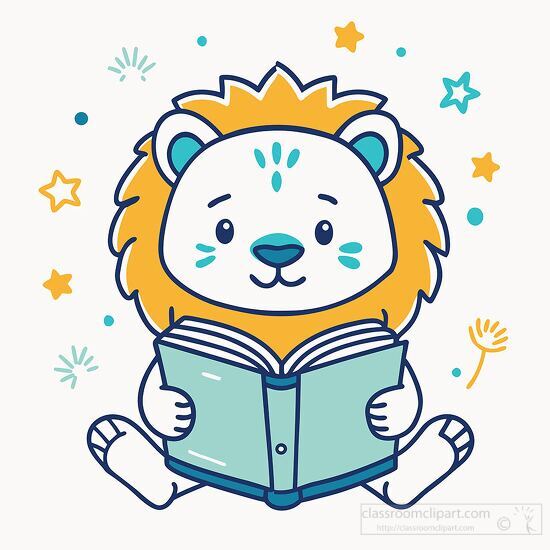 lion reading a book clipart