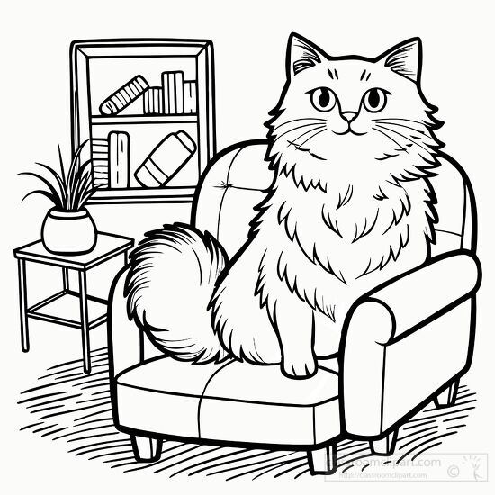 long haired cat sitting comfortably on a small chair