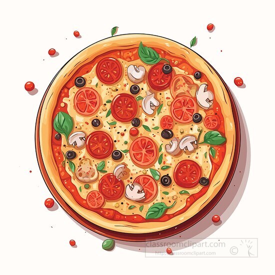 looking down at a whole uncut pizza with tomatoes and mushrooms