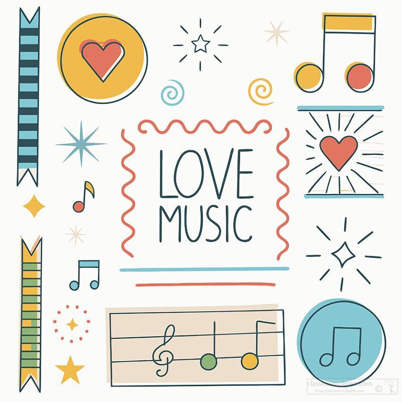 Colorful illustration with musical notes, hearts, and the phrase Love Music.