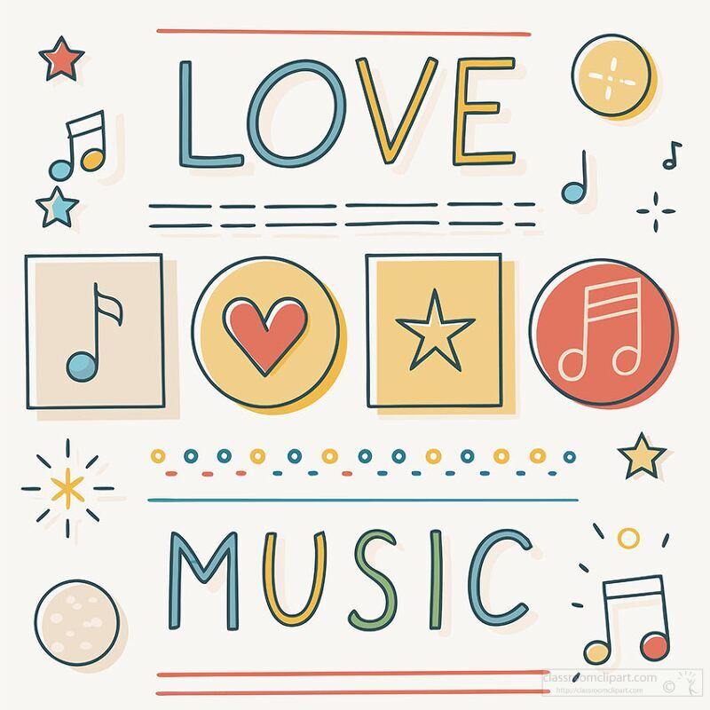 Illustration with the words Love Music surrounded by musical notes, hearts, and stars in a playful, colorful design.