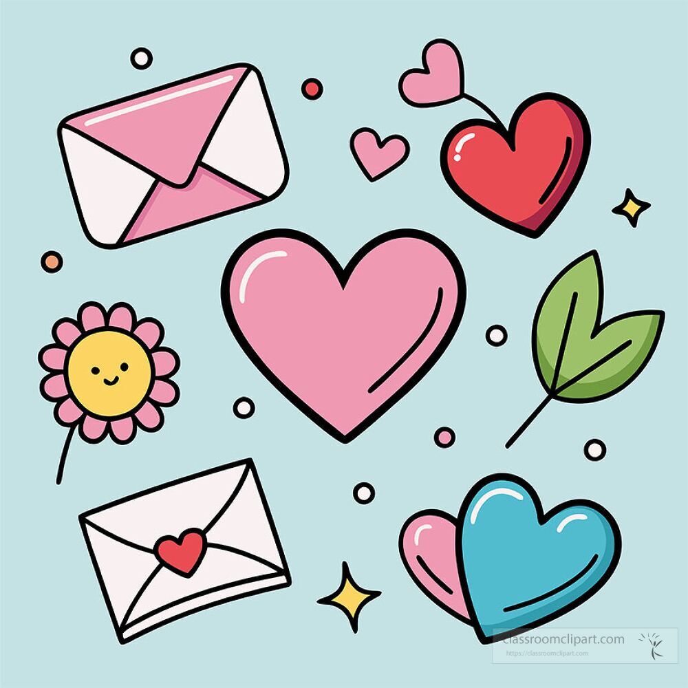 love themed doodles with hearts flowers and envelopes