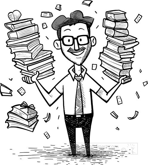 man balancing stacks of school books minimal line illustration