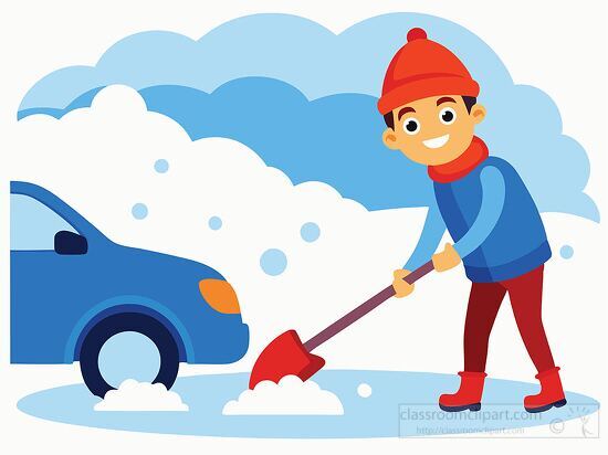 man shovels snow away from a red car parked outside in winter