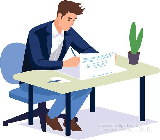 man sitting at a desk looking at a document