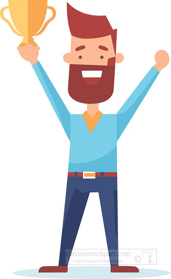 man smile holding an award cup high above head clip art