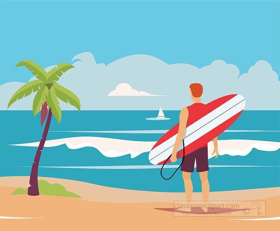 man stands on the beach holding a surfboard clipart