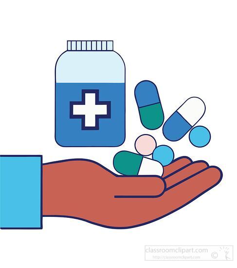 medicine bottle with Blue and green pills on open hand