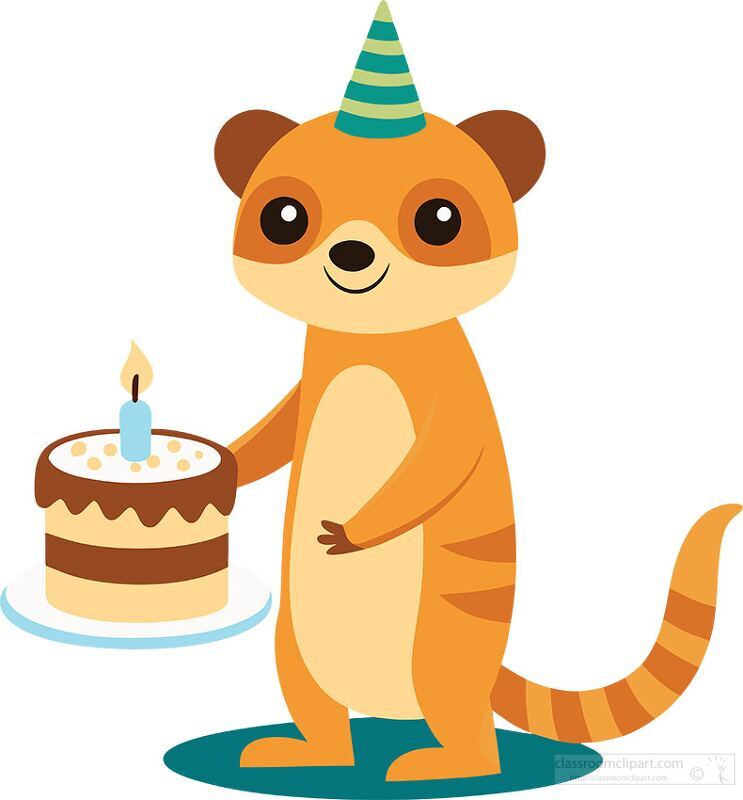 meerkat wearing a striped party hat holds a birthday cake