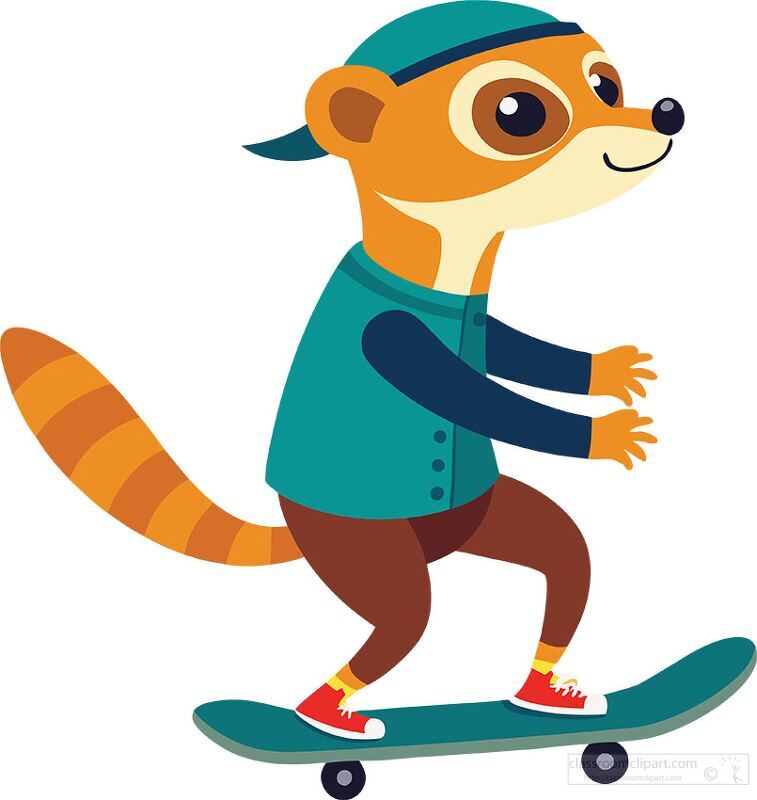 meerkat wearing a teal jacket and sneakers skateboards