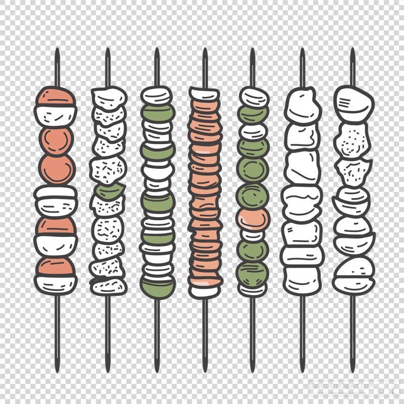 A collection of minimalist skewer illustrations featuring various ingredients arranged neatly on a white background. Each skewer presents a unique combination of colors and shapes.