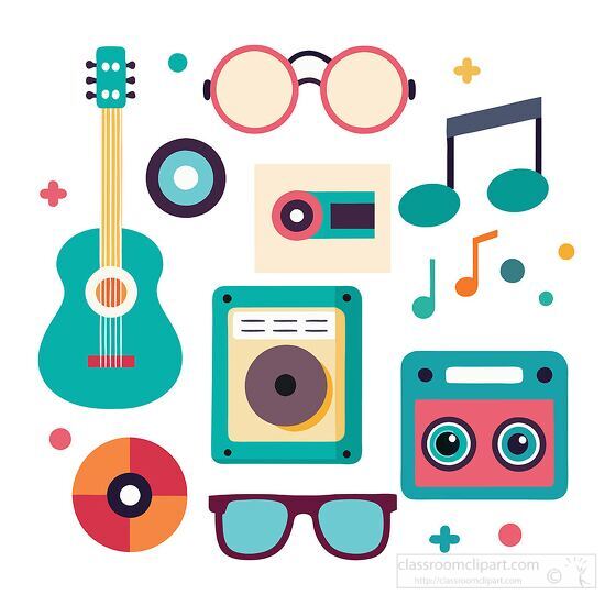 mix of vintage and modern music related items with bold color