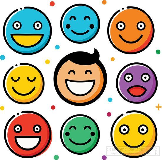 Multicolored smiley faces shows happiness and laughter