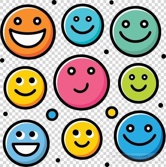 Multicolored smiley faces with cheerful expressions