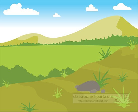 open green grassland with rocks blue sky in africa clipart