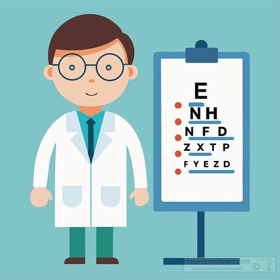 optometrist poses near a standard eye examination chart