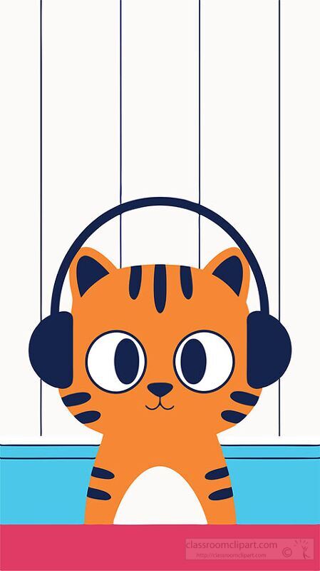 orange cat with headphones listening to music