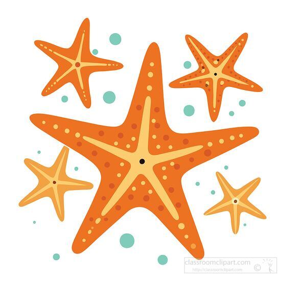 orange starfish of various sizes in an ocean themed background