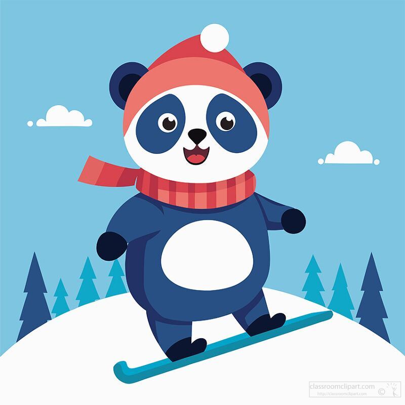 panda wearing a red hat and scarf snowboarding