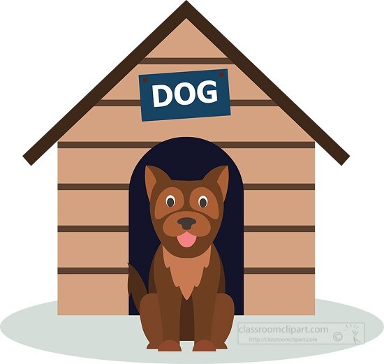 pet dog sitting near a dog house copy