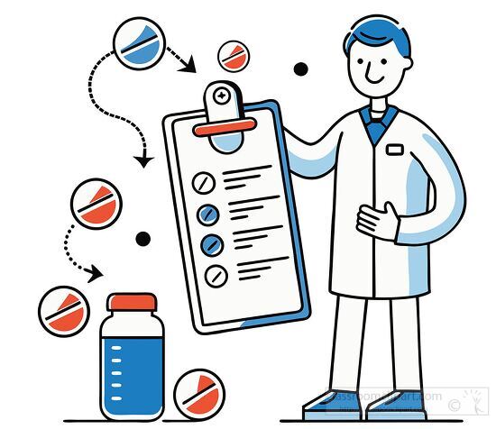 pharmacist explaining medication details with a clipboard