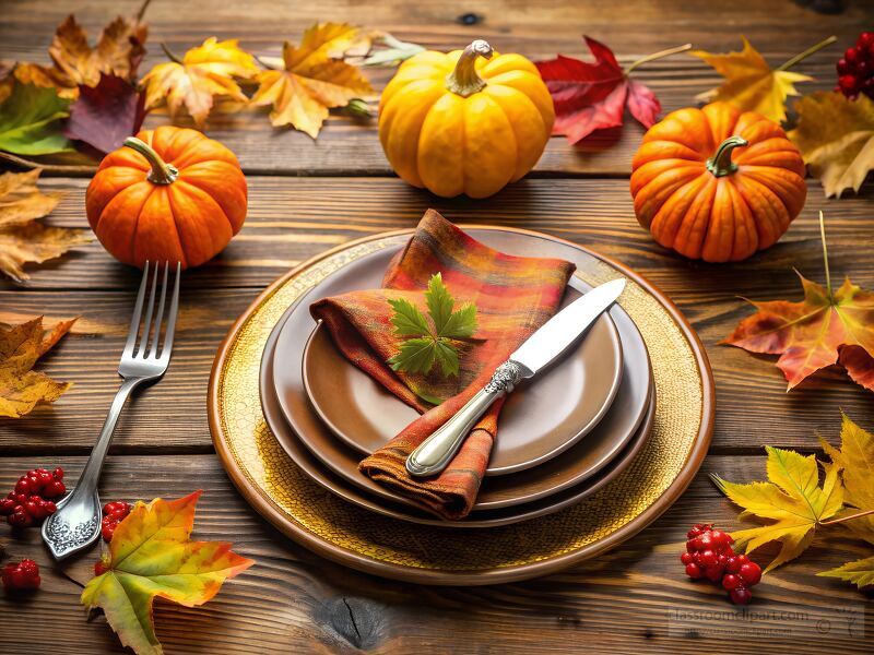  autumn place setting with stacked brown plates a plaid napkins