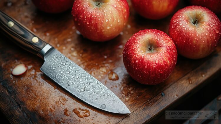  kitchen knife rests beside fresh apples