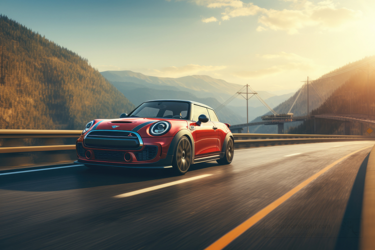 A red mini coupe driving on the highway