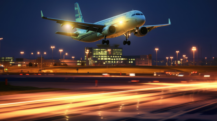 airplane during take off on airport runway at night